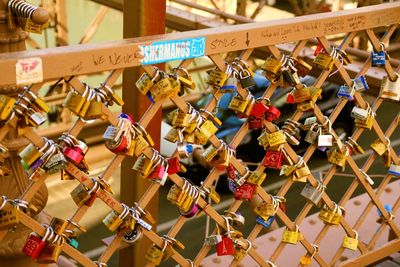 Close-up of padlocks on railing