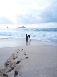 Rear view of men on beach against sky