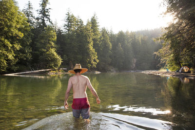 A young man wades into the ohanapecosh river in washington.