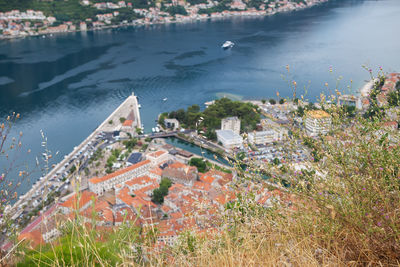 Nice view of the bay of kotor on a beautiful summer day in montenegro.