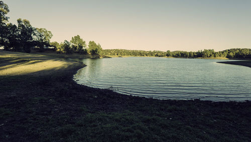 Scenic view of lake against clear sky