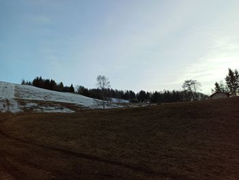 Scenic view of snowy field against sky