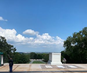 Man standing by trees against blue sky