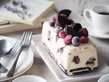 High angle view of dessert in plate on table