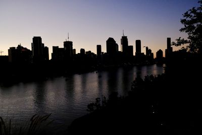 Silhouette of city skyline against clear sky