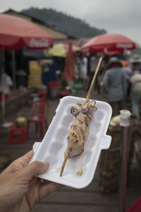 Hand of a tourist woman showing an octopus skewer at the famous crab market of kep, cambodia