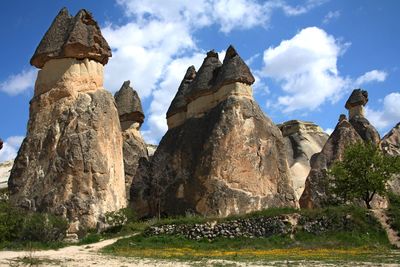 Low angle view of rock formations against sky