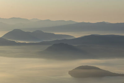 Scenic view of silhouette mountains against sky during sunset