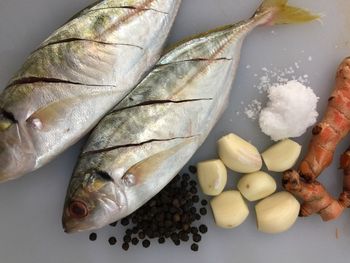 High angle view of fish on table