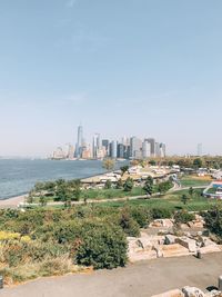 Scenic view of sea and buildings against sky