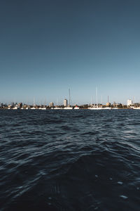 Scenic view of sea against clear blue sky
