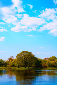 Scenic view of lake by trees against sky