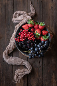 High angle view of strawberries on table