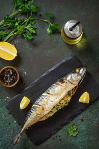 High angle view of seafood on table