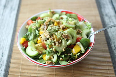 High angle view of salad in bowl on table