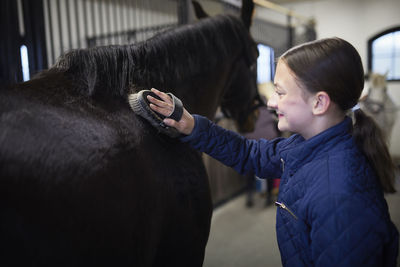 Girl grooming horse after riding in stable