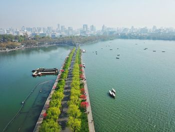 High angle view of boats in river