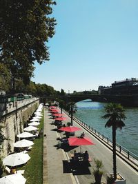 Bridge over river in city against clear sky