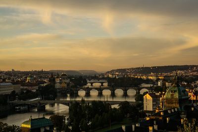 River by cityscape against sky during sunset