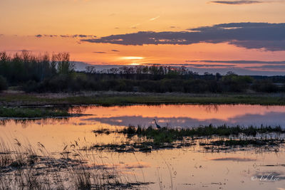 Scenic view of lake against orange sky