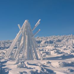 Snow on field against clear blue sky