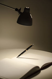 Fountain pen on open book with illuminated lamp in room
