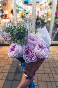 Close-up of hand holding pink flower