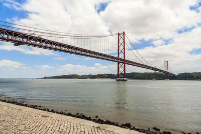 Suspension bridge over river against cloudy sky