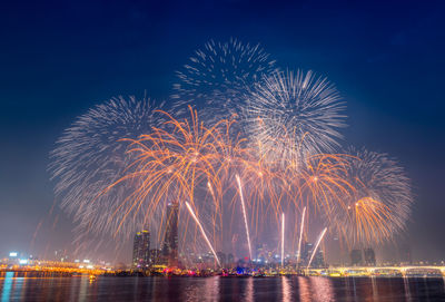 Low angle view of firework display over river against sky