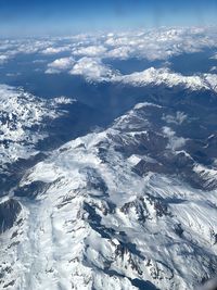 Aerial view of snowcapped mountains against sky