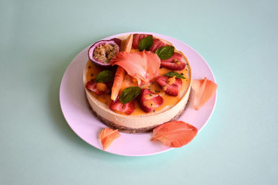 High angle view of fruits in plate on table