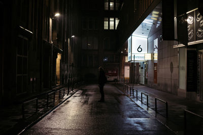 Rear view of man walking on illuminated street amidst buildings at night