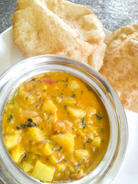 High angle view of soup in bowl on table