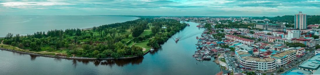 High angle view of bay against sky