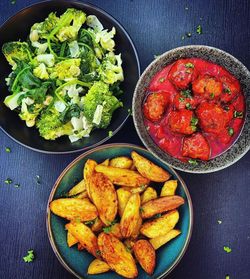 High angle view of fruits in plate on table