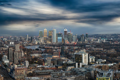 High angle view of buildings in city against sky