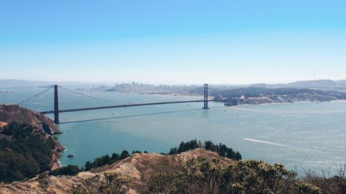 High angle view of golden gate bridge over river against clear sky