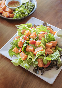 High angle view of food in plate on table