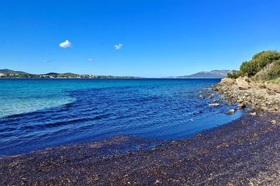 Scenic view of sea against clear blue sky
