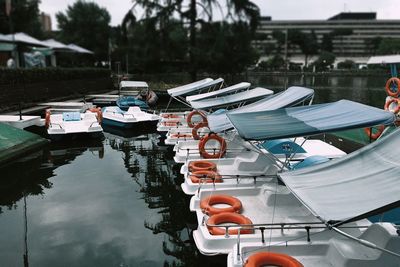 Boats moored at lake