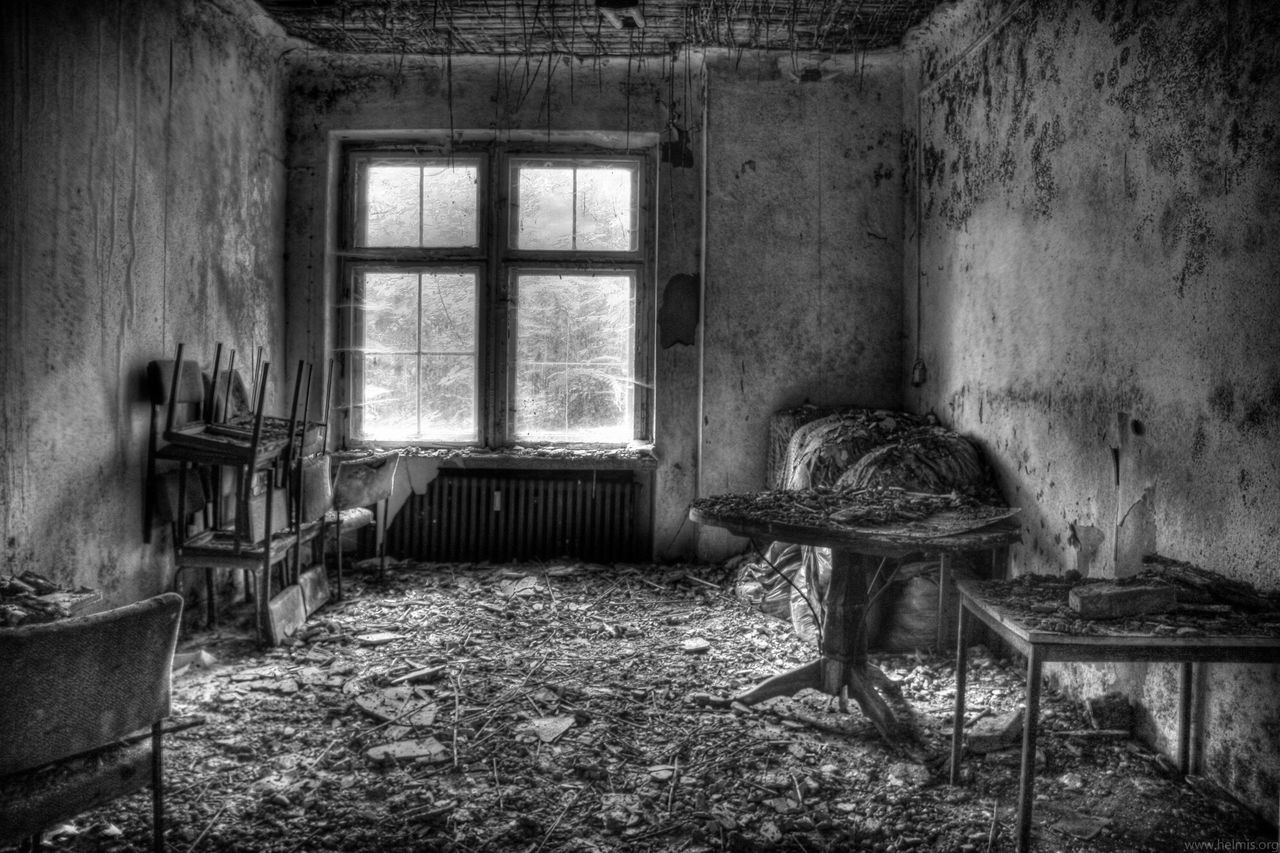 abandoned, obsolete, damaged, indoors, window, run-down, old, deterioration, architecture, house, built structure, bad condition, weathered, broken, messy, destruction, interior, ruined, chair, dirty