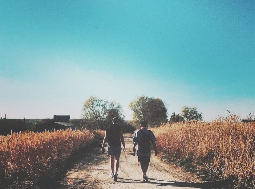 real people, rear view, sky, walking, plant, full length, lifestyles, field, nature, women, men, two people, day, leisure activity, land, togetherness, tree, clear sky, bonding, people, couple - relationship, outdoors, positive emotion