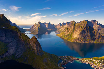 Panoramic view of sea and mountains against sky