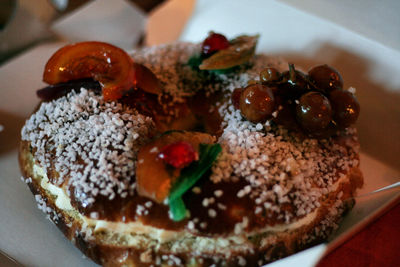 Close-up of cake served on table