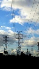 Low angle view of electricity pylon against cloudy sky
