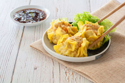 High angle view of breakfast served on table