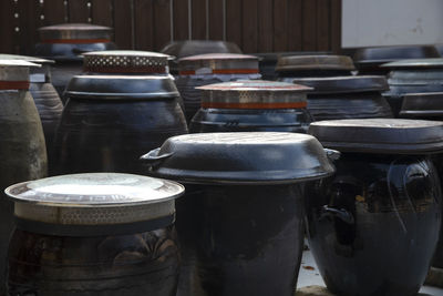 Close-up of old objects on table