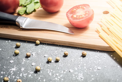 High angle view of vegetables on cutting board