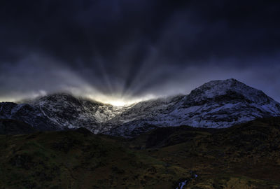 Scenic view of snowcapped mountains against sky at night