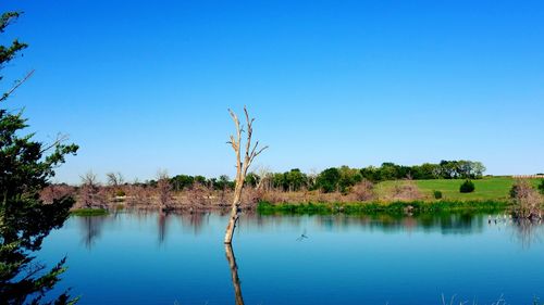 Scenic view of calm lake against clear sky